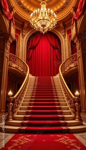 Elegant grand staircase adorned with red carpet and luxurious chandelier in opulent interior setting, perfect for cinematic aesthetic
