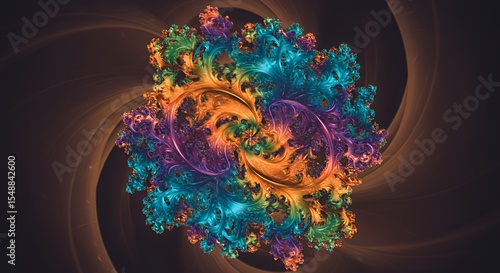 Kaleidoscopic Fractal Bloom: A Symphony of Teal, Orange, and Purple