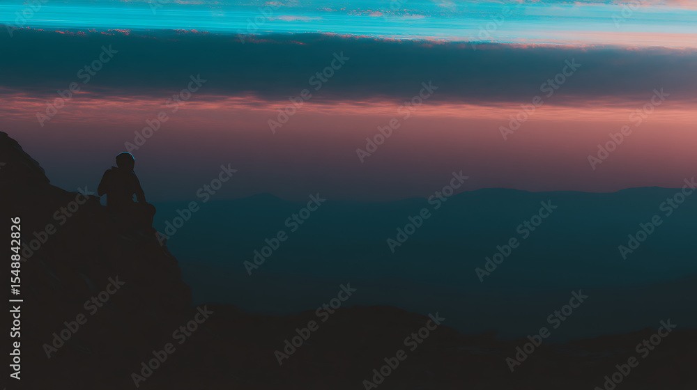 Silhouette at sunrise overlooking distant mountains Silhouette at sunrise overlooking distant mountains