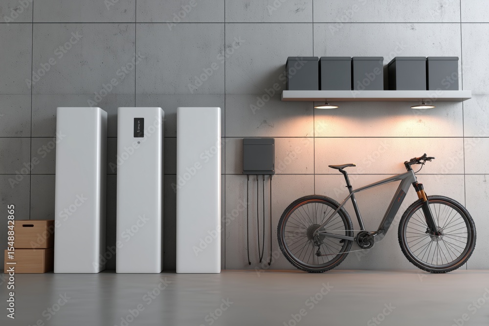 A modern home energy storage system consisting of three rectangular white battery cells, connected to an electric bike and charging station A modern home energy storage system consisting of three rectangular white battery cells, connected to an electric bike and charging station