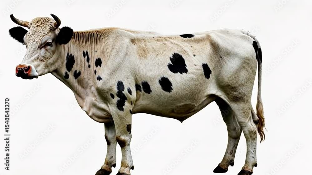 A white cow with black spots stands confidently against a plain white background