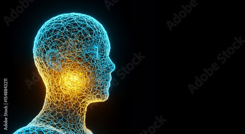 Abstract Wireframe Head: Glowing Neural Network Visualization