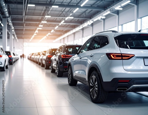 Back view many modern new SUV cars fleet stock at dealership parking lot. Automobile