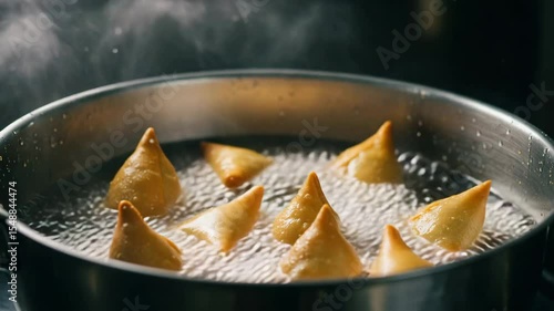 Samosas frying in hot oil for street food