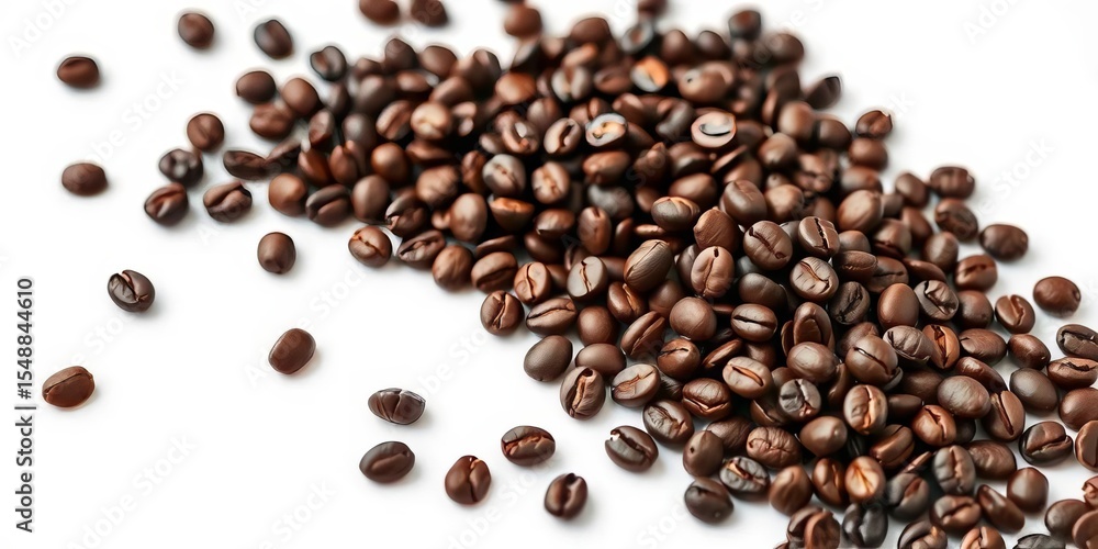 Dark roasted coffee beans scattered on pristine white surface, morning, photography Dark roasted coffee beans scattered on pristine white surface, morning, photography