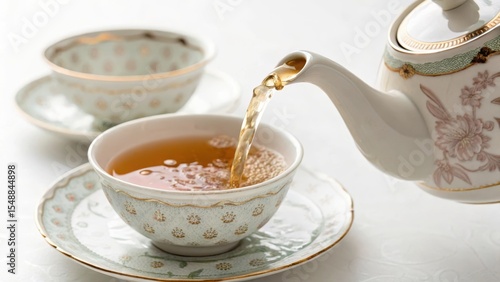 Elegant tea being poured into a delicate porcelain cup.