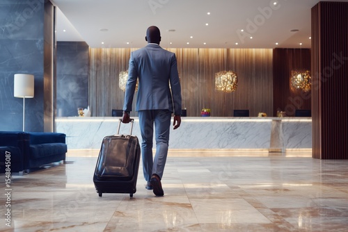 An African American businessman walking with luggage in a luxury hotel lobby, back view