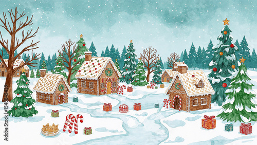 Charming gingerbread village in a winter wonderland
