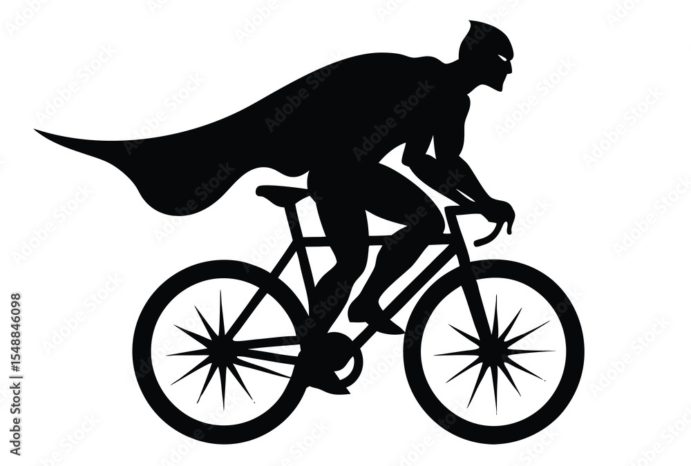 Obraz premium Superhero Riding Bicycle Silhouette Vector, Hero on Bike Clipart, Comic Style Action Pose