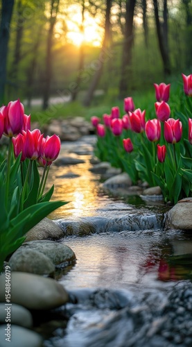 Pink tulips line a babbling brook at sunset