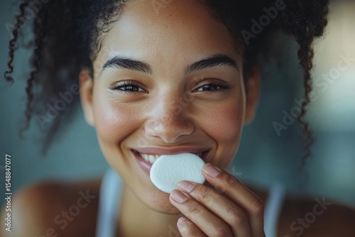 Close-up of woman using toner and cotton pad to remove makeup, Generative AI