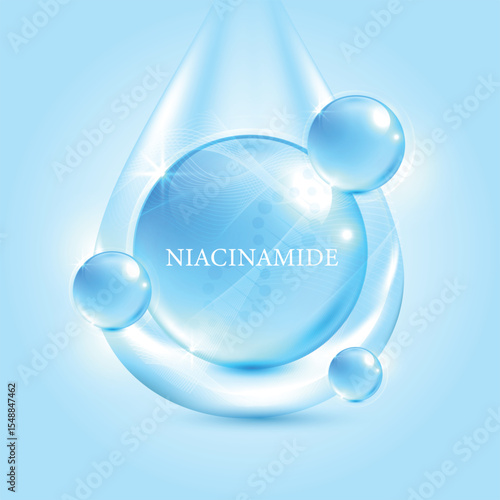Bright blue serum drop with niacinamide molecule, glowing hydration bubbles, skincare essence concept, realistic cosmetic ad design, anti-aging beauty background for facial treatment products.