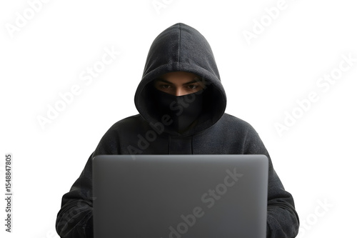 Faceless hacker in black hoodie using laptop isolated on transparent background, ideal for cybersecurity, hacking, cybercrime, or online security concepts
