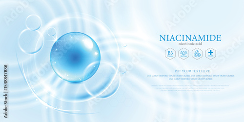 Blue glowing niacinamide molecule with chemical structure and Vitamin B3 label, perfect for skincare, cosmetic, facial treatment, beauty advertising, and anti-aging product background.