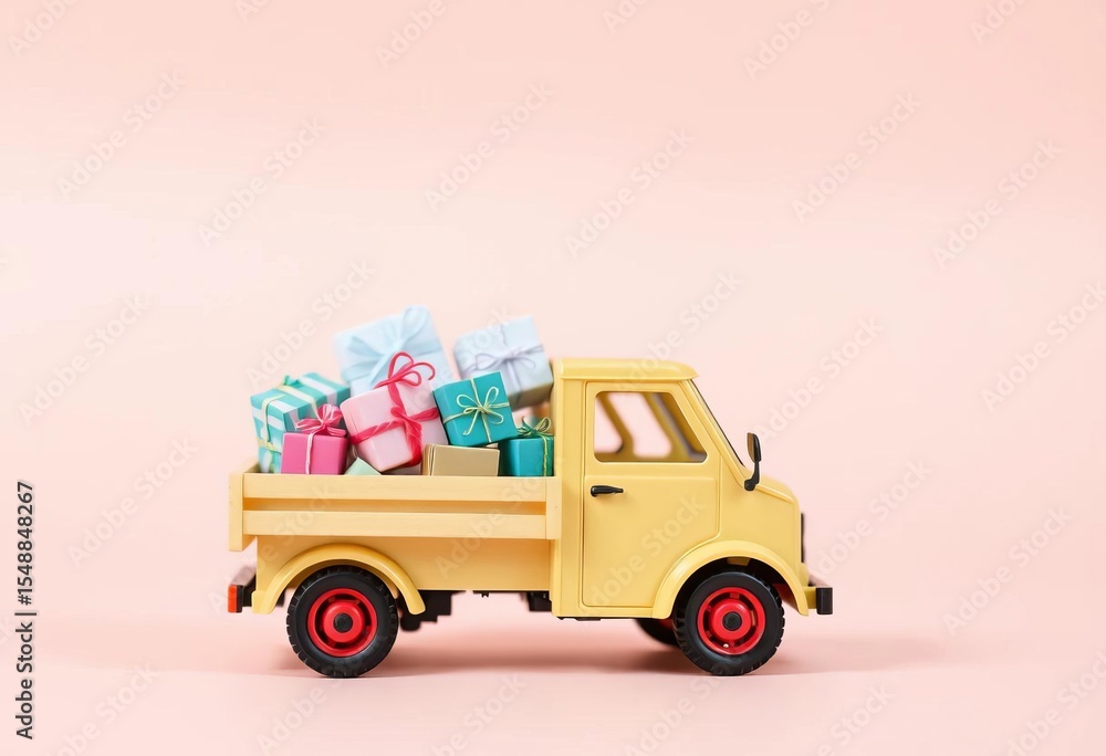 Miniature truck filled with gifts on pastel background, showcasing e-commerce & retail concept, shipping, season Miniature truck filled with gifts on pastel background, showcasing e-commerce & retail concept, shipping, season