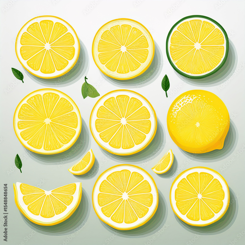 Fototapeta premium Lemon cut slices vector set, Whole, half and slice
