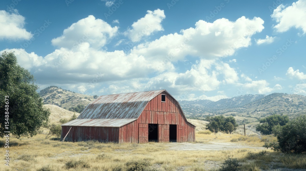 Obraz premium A rural landscape with a weathered red barn, set against rolling green hills and a bright blue sky, with fluffy clouds drifting overhead.
