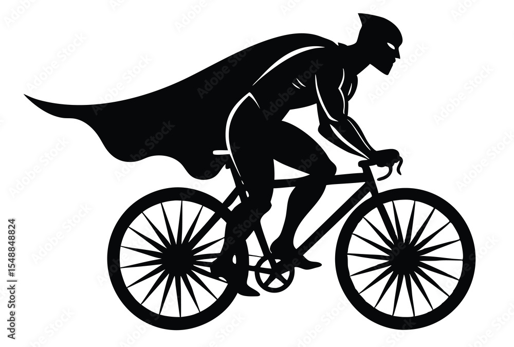 Obraz premium Superhero Riding Bicycle Silhouette Vector, Hero on Bike Clipart, Comic Style Action Pose