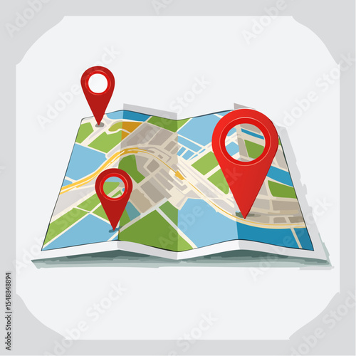 A simple vector of a folded map with travel route and pins, ideal for planners, apps, or blog icons.