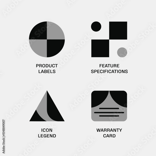 Four grayscale geometric icons representing product labels feature specifications icon legend and warranty card on a light gray background simple flat design style