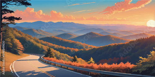 Golden sunset and sunrise paint the mountain landscape over a winding highway through forests and snow, a scenic drive into nature's journey