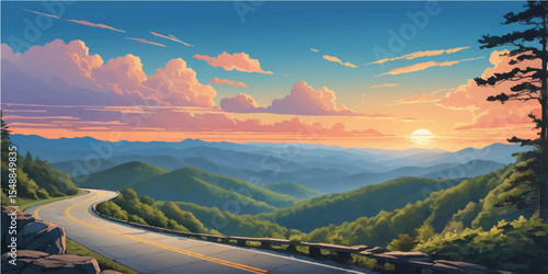 Journey through a summer mountain landscape with a fiery sunset sky over winding roads and green valleys