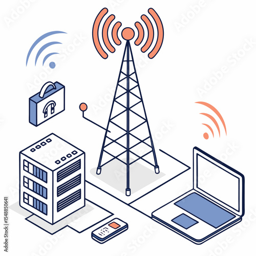 Isometric Digital Networking Illustration Depicting Wireless Communication and Connectivity Between Devices, Including a Laptop, Phone, and Server Tower With a Radio Tower