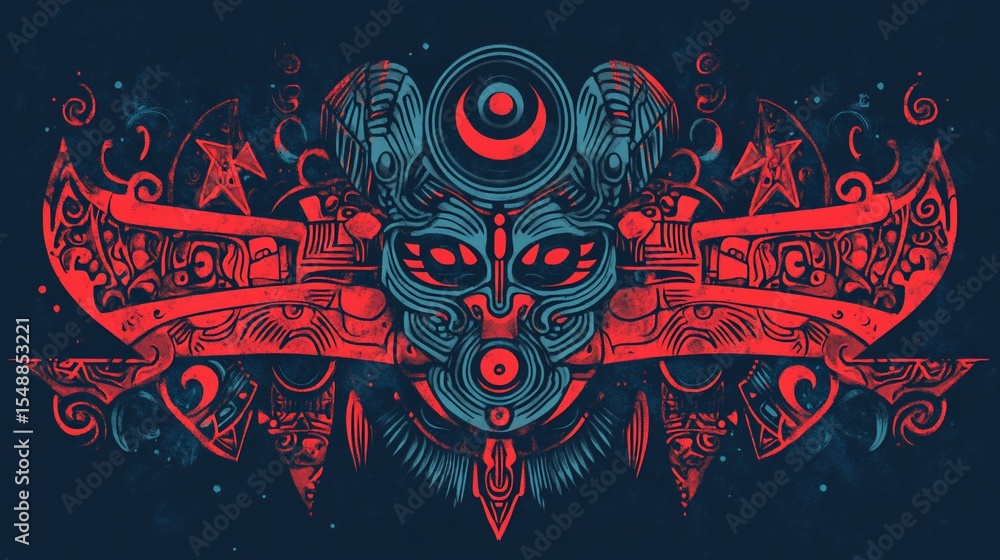 Obraz premium Intricate symmetrical mask with cosmic patterns, red and blue on dark blue background