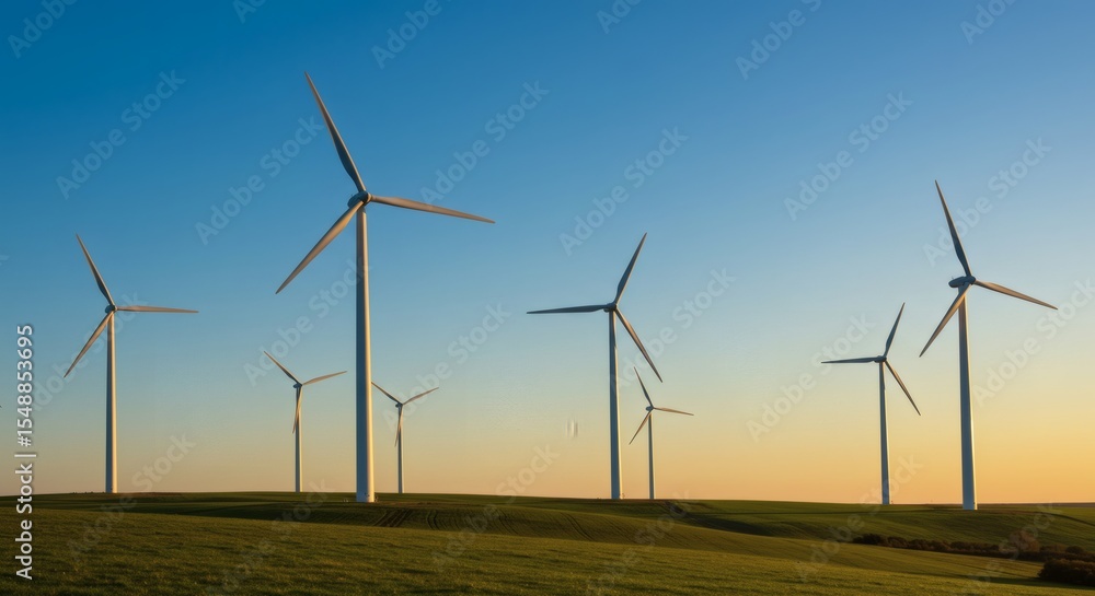 Sustainable Energy Wind Turbines Generating Clean Power on a Green Field at Sunset Sustainable Energy Wind Turbines Generating Clean Power on a Green Field at Sunset