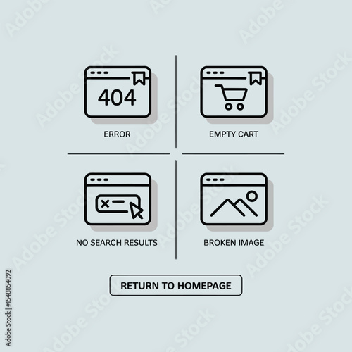 Four Minimalist Black Line Icons on Light Gray Background Depicting Website Error 404 Empty Shopping Cart No Search Results and Broken Image with Return to Homepage Button