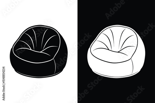 Black and White Bean Bag Chair Icon. Soft Flexible Seating Vector