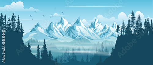Mountain landscape with forest, mountain valley, morning light, vector illustration, panoramic view