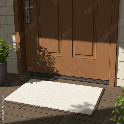Stylish cream doormat in front of a classic wooden door.
