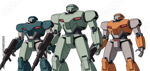 Three Military Robots in Different Colors
