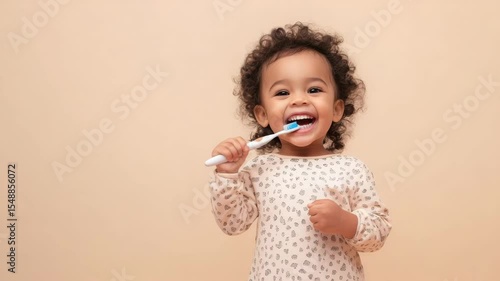 Smiling African American Toddler Brushing Teeth with Toothbrush