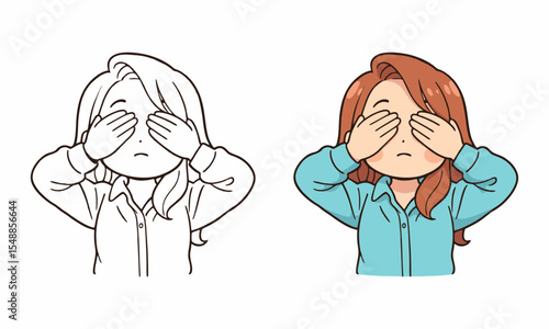 woman closes her eyes with her hands coloring page for kids