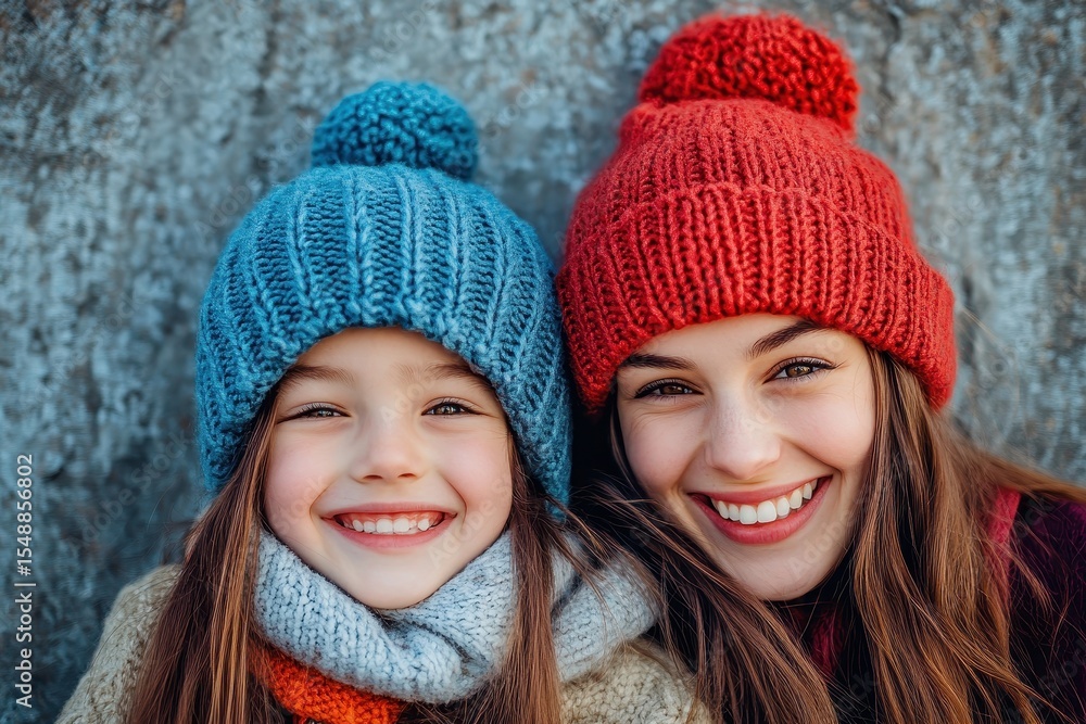 Hipster Kid Joyfully Smiling with Fashionable Mom in Trendy Caps - Cute Family Moment Captured Hipster Kid Joyfully Smiling with Fashionable Mom in Trendy Caps - Cute Family Moment Captured
