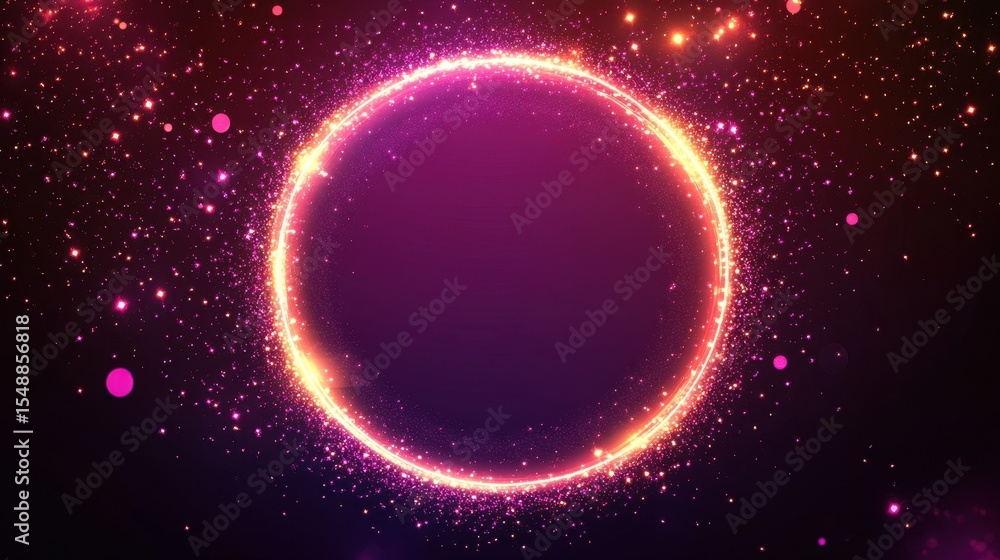 Modern Neon Circle Frame with Sparkling Stars: A Round Abstract Background Illuminated with Glowing Lights Modern Neon Circle Frame with Sparkling Stars: A Round Abstract Background Illuminated with Glowing Lights