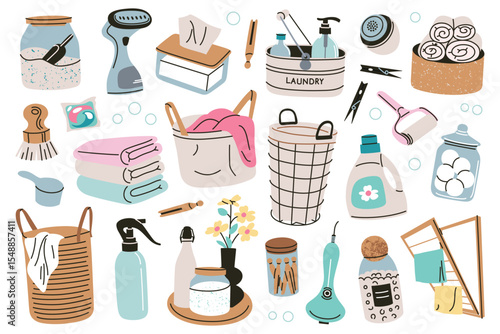 Flat cartoon vector illustration of home laundry and cleaning accessories. Baskets, detergents, fabric softeners set, drying racks and tools for housework, household care collection