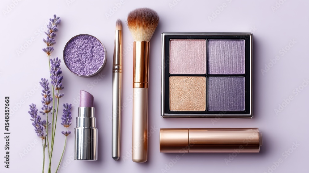 Fototapeta Lavender-themed makeup set with brushes and cosmetic products on light purple background