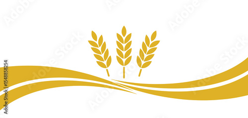 Golden Wheat Ears on a White Background with Gold Land Waves