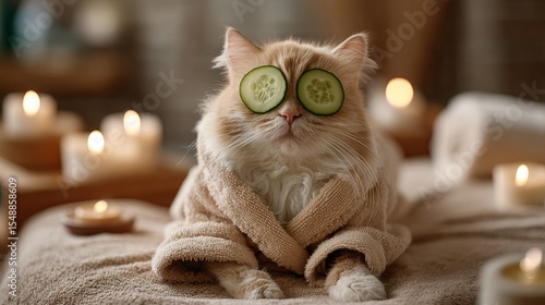 Relaxed cat enjoying spa day with cucumber slices and candlelight ambiance
