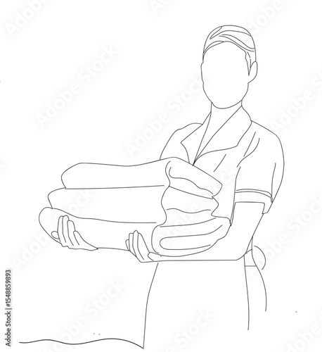 maid carrying towel.line art drawing of housemaid woman carrying stack of clean towels.