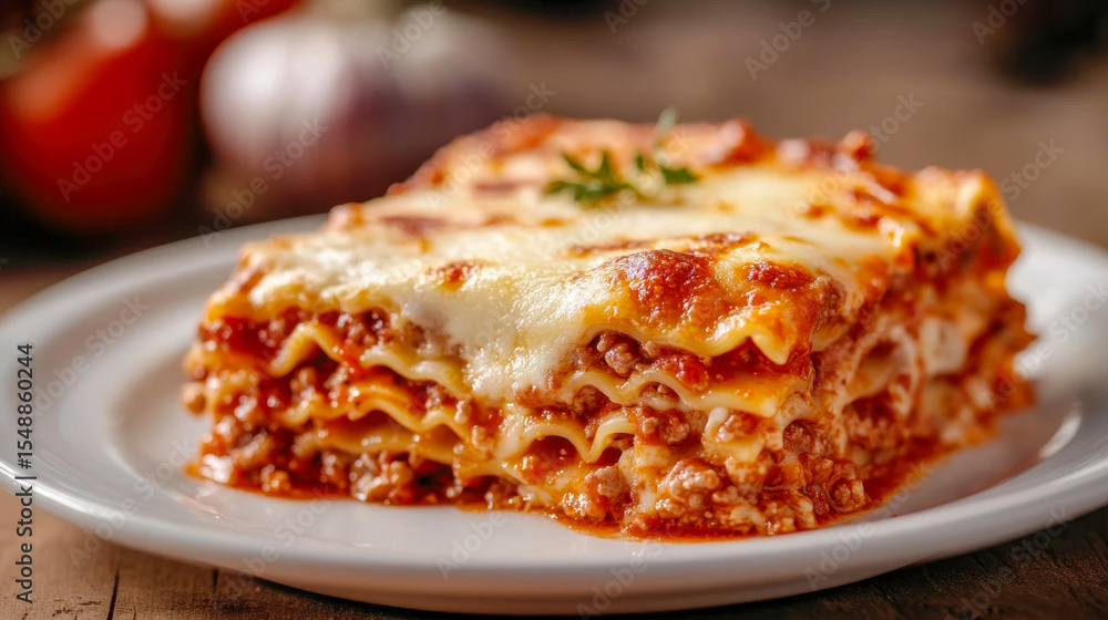 A close-up shot reveals a mouthwatering portion of lasagna, its layers of pasta, meat sauce, and melted cheese glistening under warm light. Served on a simple white plate, it's a picture of comforting A close-up shot reveals a mouthwatering portion of lasagna, its layers of pasta, meat sauce, and melted cheese glistening under warm light. Served on a simple white plate, it's a picture of comforting