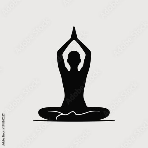 Black Silhouette of Person Meditating in Lotus Position Hands in Prayer Pose Simple Yoga Graphic Minimalist Design