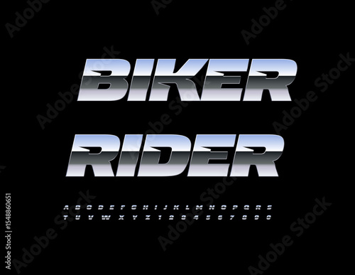 Vector Silver emblem Biker Ride. Glossy Dynamic Font. Steel Digital Alphabet Letters, Numbers and Symbols set.