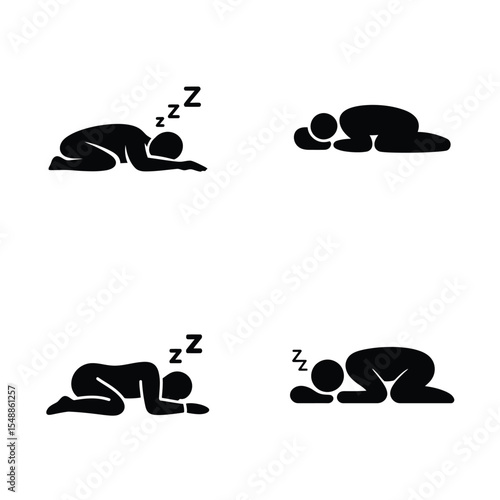 Four Black Silhouettes Depicting People Sleeping in Different Positions Zzz Symbols Indicate Sleep asleep