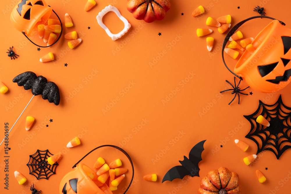 Halloween-themed items including candy corn, pumpkins, bats, spider webs, and jack-o'-lanterns arranged creatively on an orange background for a festive holiday theme