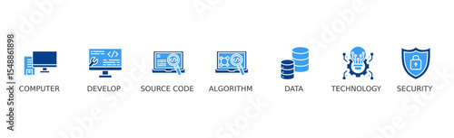 Programming banner web icon vector illustration concept with icon of computer, develop, source code, algorithm, data, technology and security
