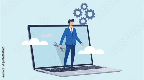 Online Technical Support and Assistance: Man with Headset Providing Digital Solutions, Troubleshooting Problems, and Offering Virtual Customer Service Expertise.